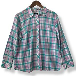 Talbots Petite LP Pink Teal Plaid 100% Cotton Button Up Shirt Lightweight Preppy